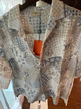 Men’s YoungLA Beige,blue and Gray Casual Button Down Shirt